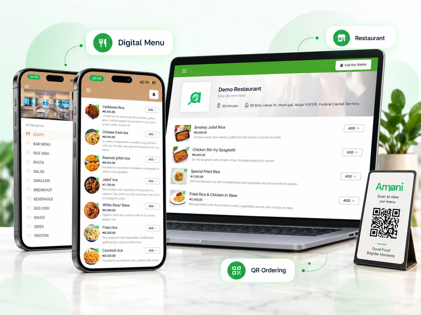 Amani digital menu, restaurant ordering and QR ordering platform displayed across mobile, laptop and table tent devices