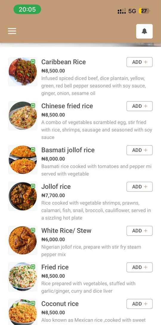 Actual Amani menu on mobile