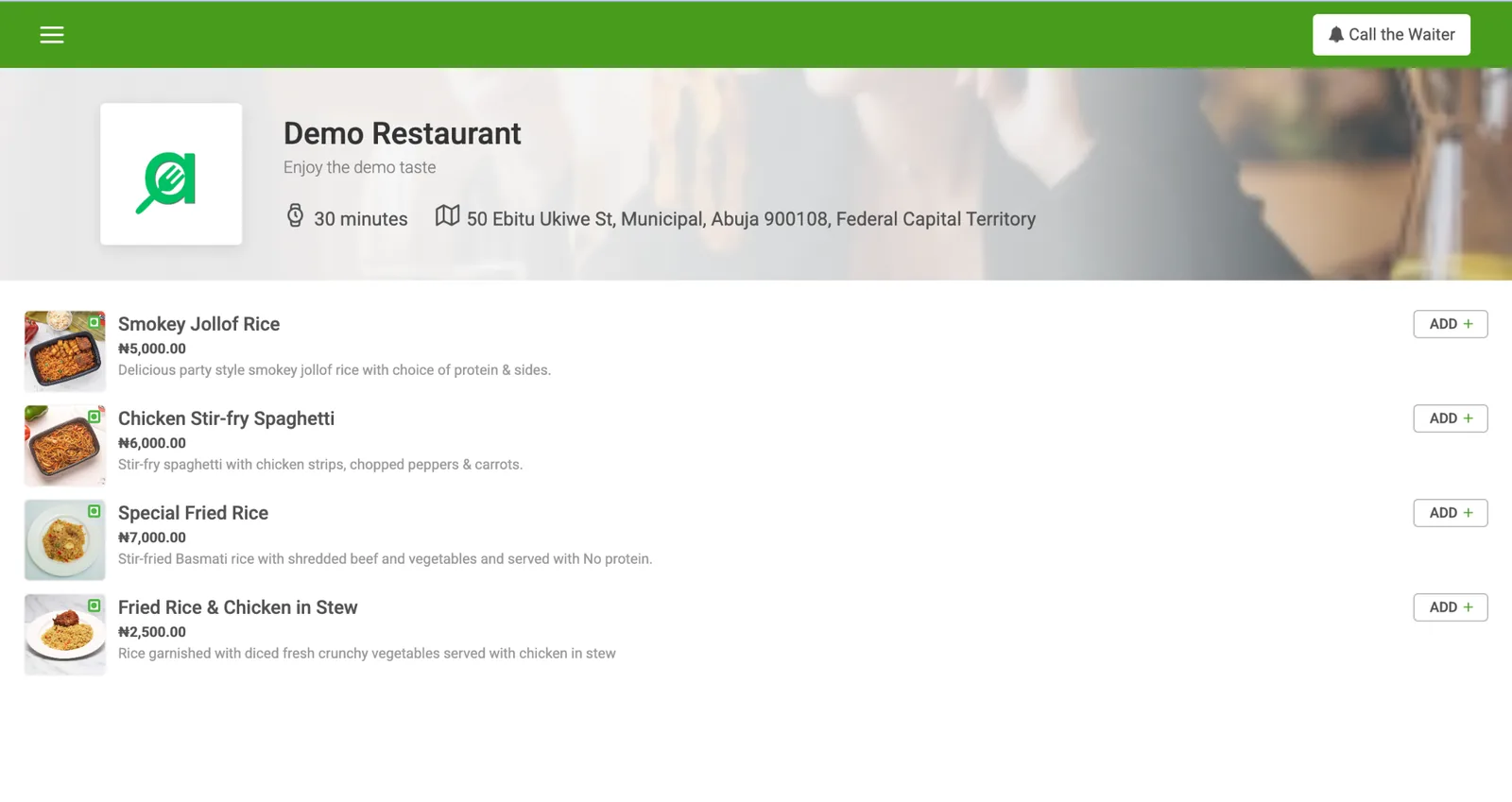 Actual Amani public restaurant menu on desktop